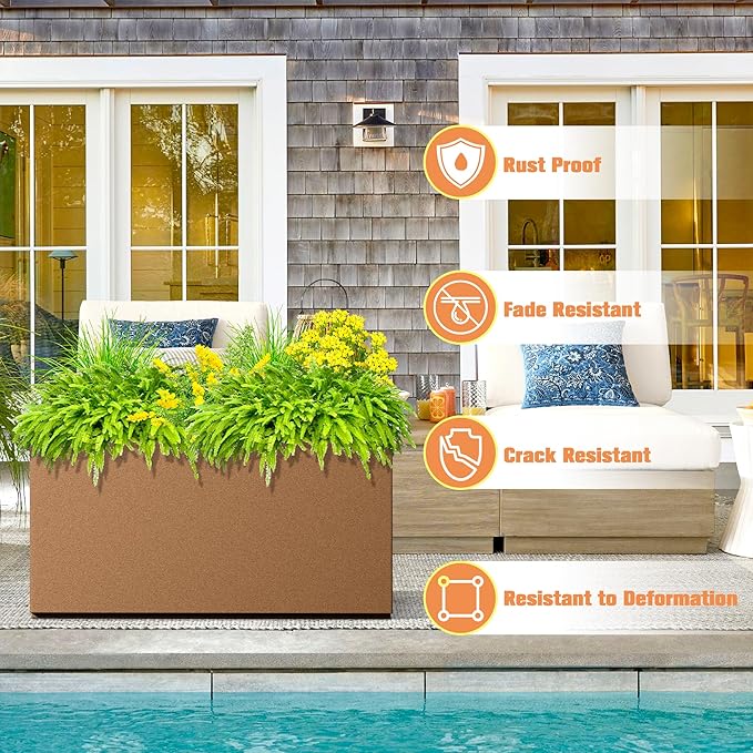 Rectangle Planter for Indoor & Outdoor, Tall and Long Planter Boxes with Drainage Holes, Mental Planter Box All-Weather Use for Plants, Flowers, 32" L x 10" W x 16.3" H, Brown