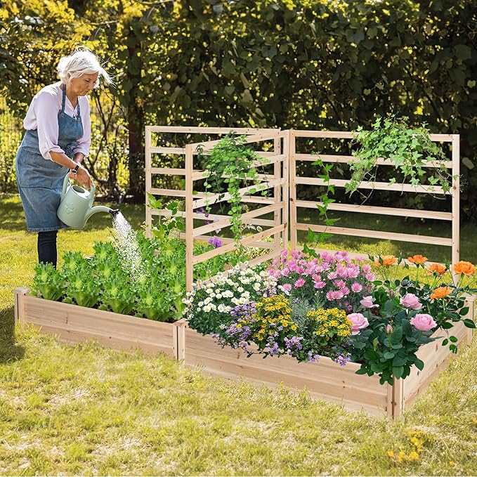 Giantex Raised Garden Bed with 3 Trellises, 88"L x 45"W x 43"H, Set of 2 Wood Planter Box for Vegetables Flowers Herbs Fruits Climbing Plants Cucumber, Easy Assembly, Outdoor Rectangular Raised Beds