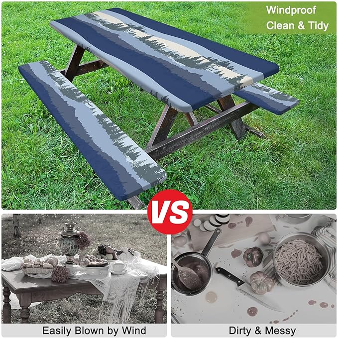 Picnic Table Cover with Bench Covers Camping Tablecloth with Storage Bag Windproof Waterproof Picnic Table Covers with Elastic for Camping