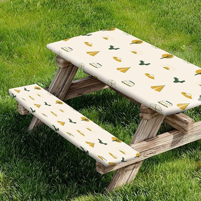 Picnic Table Cover and Bench Covers, Fitted Tablecloth Cover with Elastic Edge, Water and Oil Proof, for Outdoor, Garden, Camping, 72x28 Inch, 3 Pieces Set, Blue & White, Camping Cartoon