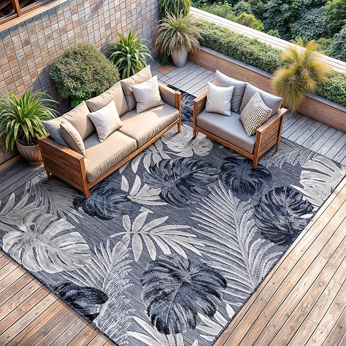 CAMILSON Indoor Outdoor Rug Navy Blue 5x7 Leaf Tropical Botanical Area Rugs for Indoor and Outdoor patios, Easy-Cleaning Non-Shedding Living Room Garden and Kitchen Washable Outside Carpet (5 x 7)