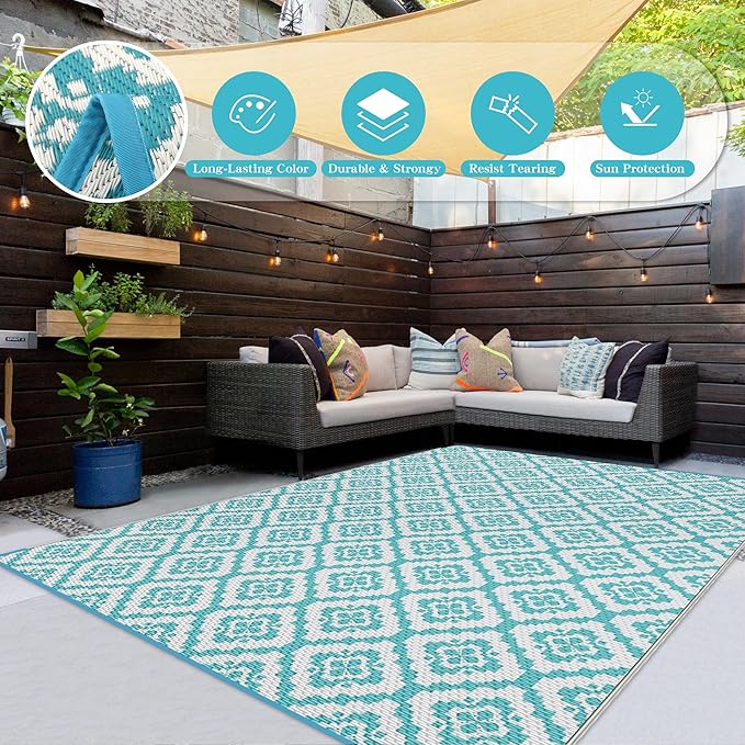 Wallona Outdoor Rugs 8x10 ft Patio Waterproof Clearance Indoor Outdoor Large Carpet for Patio Plastic Straw Reversible Area Rugs Mat for RV, Camping, Balcony, Beach, Picnic, Porch, Brick Teal & White