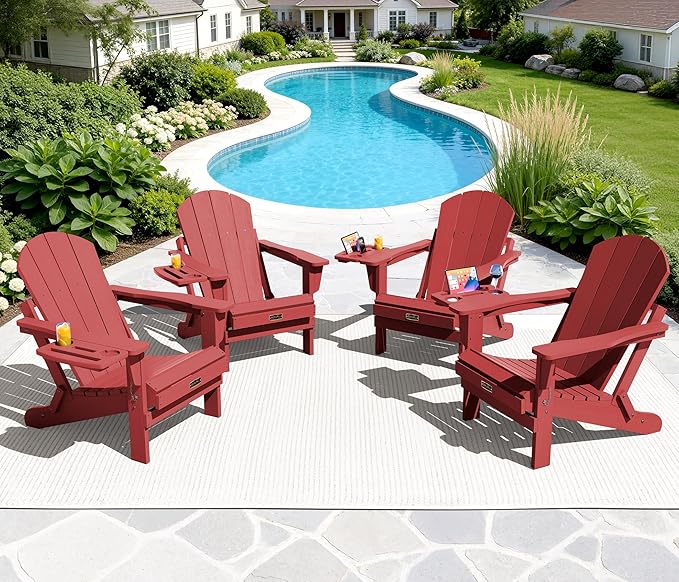 SERWALL Folding Adirondack Chair Set of 4, Outdoor Adirondack Chairs with 4 in 1 Cup Holder, Wood Texture Patio Chairs, Weather Resistant Fire Pit Chairs for Patio Deck Garden, Backyard - Red
