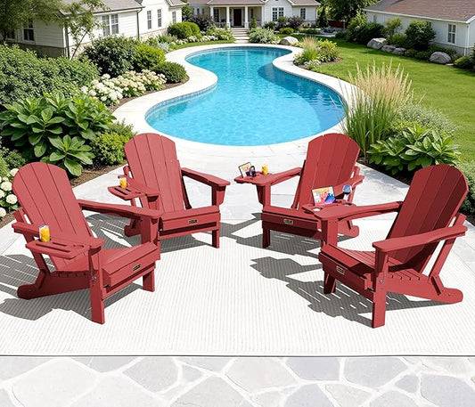 SERWALL Folding Adirondack Chair Set of 4, Outdoor Adirondack Chairs with 4 in 1 Cup Holder, Wood Texture Patio Chairs, Weather Resistant Fire Pit Chairs for Patio Deck Garden, Backyard - Red