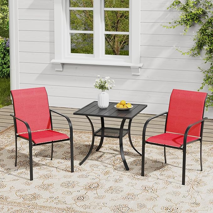 VICLLAX Patio Stackable Chairs Set of 4, Outdoor Dining Chairs with Breathable Fabric Lawn Deck Chairs for Balcony Porch, Red Fabric