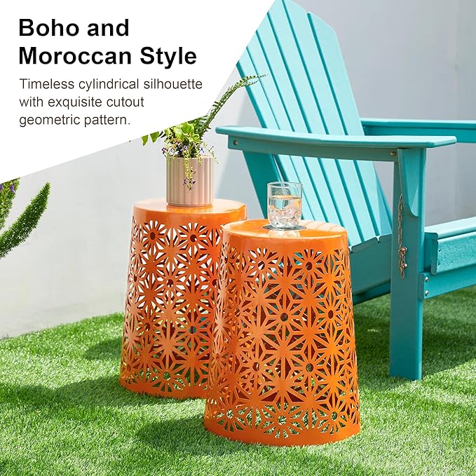 Glitzhome Ourdoor Side Table Set of 2,Solar Iron Cutout Geometric Pattern Decorative Garden Stool Planter Stand,Accent Table or Lantern for Patio Poolside Party Yard,Orange