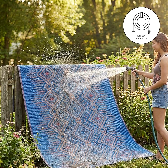Fab Habitat Boho Southwestern Tribal Outdoor Rug - Waterproof, Crease-Free Fade Resistant, Reversible - Recycled Plastic - Patio Porch Balcony Deck Yard Garden - Jodhpur Multi Blue - 8x10 ft