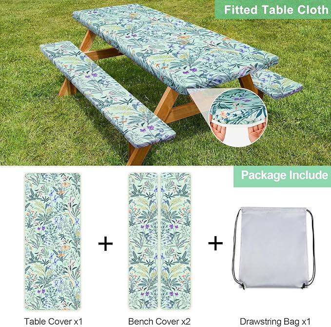 Picnic Table Cover with Bench Covers Camping Essentials Waterproof Windproof Camping Tablecloth with Drawstring Bag, Fitted Rectangle Tables and Seats, 96in, Gray Blue