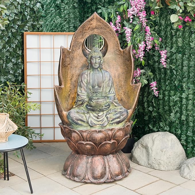 Alpine Corporation 59" Tall Outdoor Buddha Fountain with LED Lights, Elegant Water Feature for Garden, Patio, Yard & Outdoor Spaces, Realistic Stone Look, Calming Waterfall for Relaxation, Brown