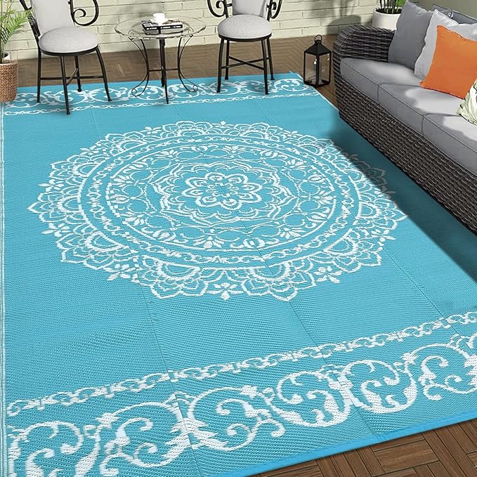 GAOMON Outdoor Patio Rug 8x10 Reversible Camping Mat, Stain-Resistant Plastic Straw Rug, Easy to Clean, Indoor Outdoor Carpet for Porch, Deck, Balcony, Beach, Garden, Teal/White(Medallion)