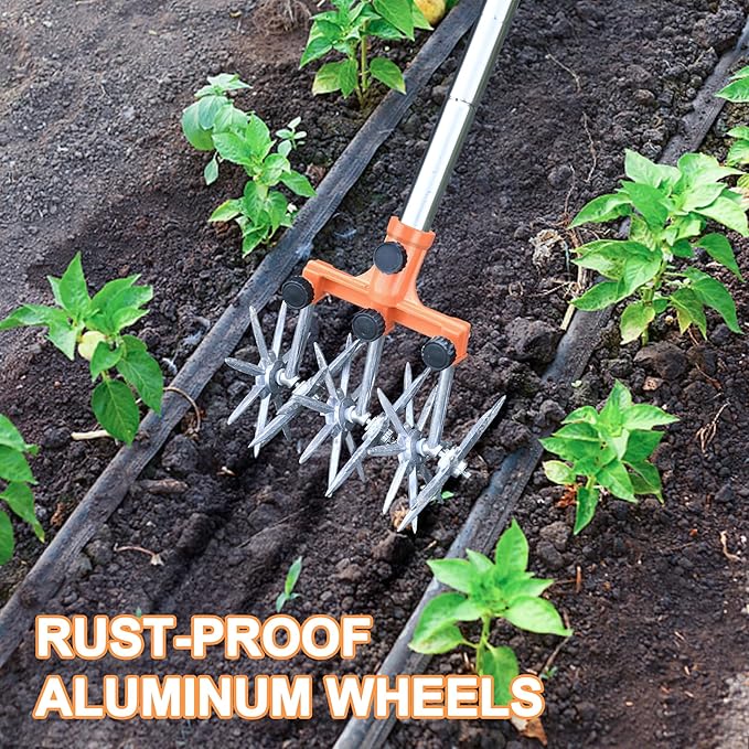 Rotary Cultivator Garden Rotary Tiller Adjustable Stainless Steel Poles Hand Tiller for Soil Mixing or Reseeding Grass Lawn Tiller Total Length 57 Inch