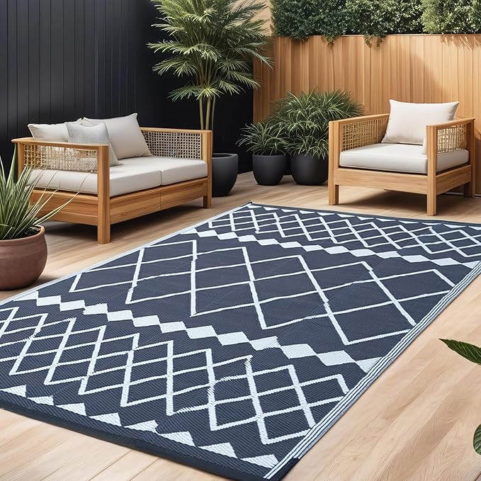 RURALITY Outdoor Rugs 5x8 Waterproof for Patios Clearance,Plastic Straw Mats for Backyard,Porch,Deck,Balcony,Reversible,Geometric