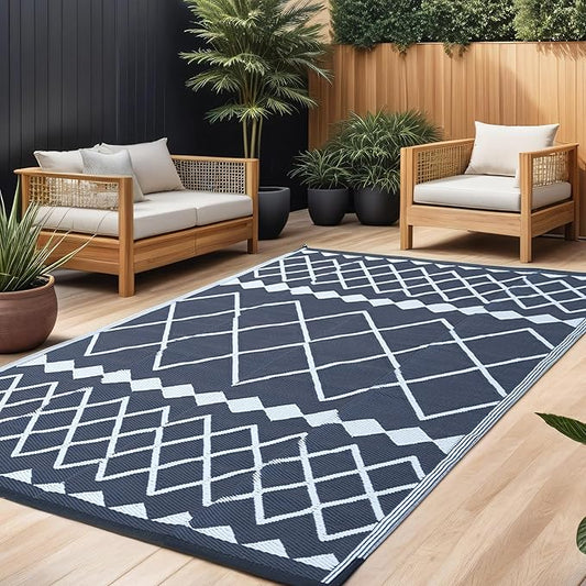 RURALITY Outdoor Rugs 5x8 Waterproof for Patios Clearance,Plastic Straw Mats for Backyard,Porch,Deck,Balcony,Reversible,Geometric