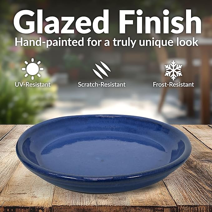 Sunnydaze 9-Inch Ceramic Plant Saucers - Plant Drip Trays for Outdoor Planter Flower Pot Drainage - Set of 2 - Imperial Blue