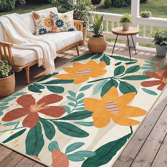 GENIMO Indoor Outdoor Area Rug 6'x9', Machine Washable Rugs for Patio, Waterproof, Non-Slip Easy Cleaning Floral Outdoor Mat Carpet for Living Room, Bedroom, RV, Balcony, Deck, Camping,Sage Orange