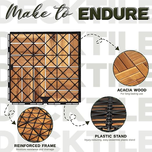 Interlocking Acacia Wood Deck Tiles, 9-Pack, 12 Slats, Waterproof Outdoor Flooring for Patio, Balcony, Garden – Natural Finish, 12.2" x 12.2" x 0.7"