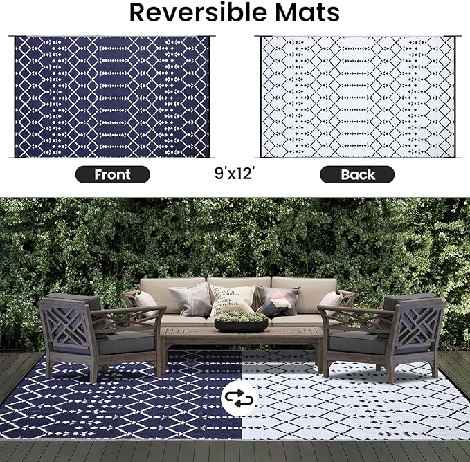 Smiry Outdoor Rug 9x12 ft, Waterproof Reversible Plastic Straw Rugs, Boho Outdoor Area Rug, Outside Floor Mat for Patio, Backyard, Deck, Picnic, Beach, Camping, Navy