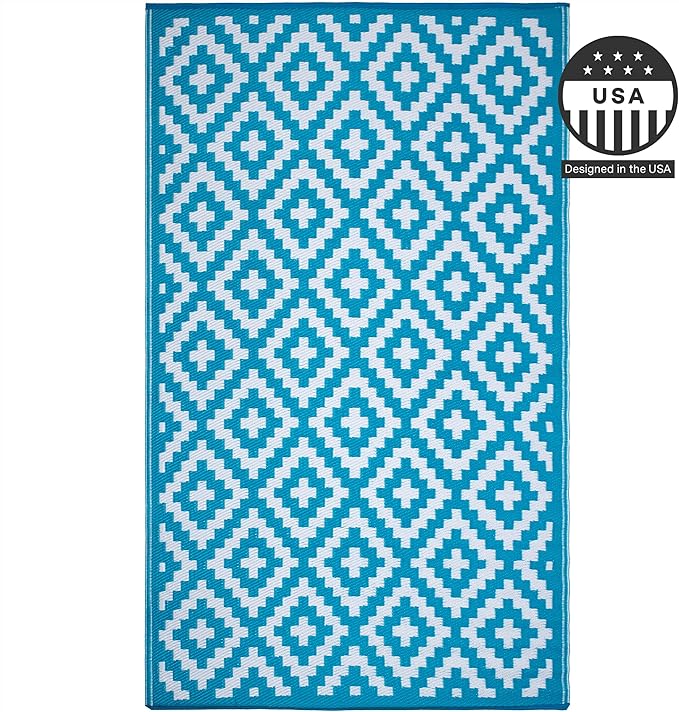 FH Home Outdoor Rug - Waterproof, Fade Resistant, Reversible - Premium Recycled Plastic - Geometric - Patio, Porch, Deck, Balcony - Aztec - Teal & White Crease Free - 5 x 8 ft