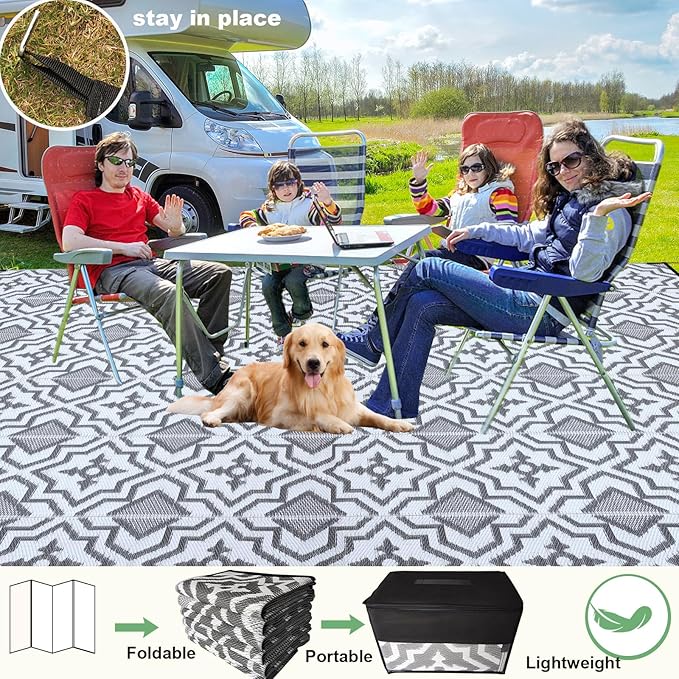 Outdoor Plastic Straw Rug 8x10 Waterproof Outdoor Patio Rug,Porch Balcony Rug,Reversible Rv Camping Floor Mat Outside Mat Camping Gifts(Grey&White, 8'x10')