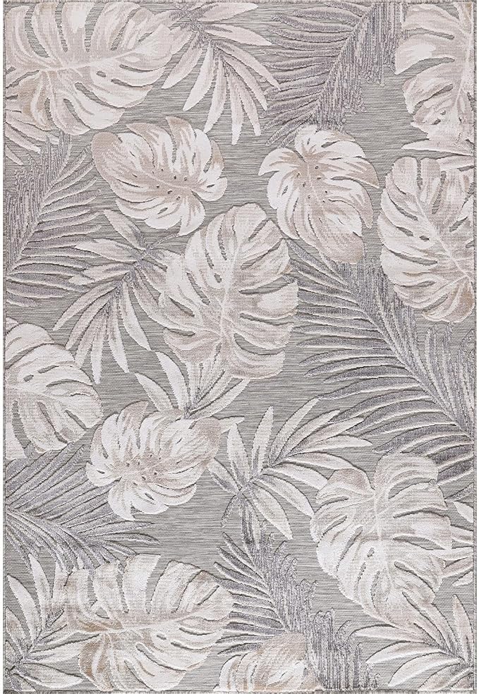CAMILSON Indoor Outdoor Rug, Beige 4x6 Leaf Tropical Botanical Area Rugs for Indoor and Outdoor patios, Easy-Cleaning Non-Shedding Living Room, Garden and Kitchen Washable Outside Carpet (4 x 6)