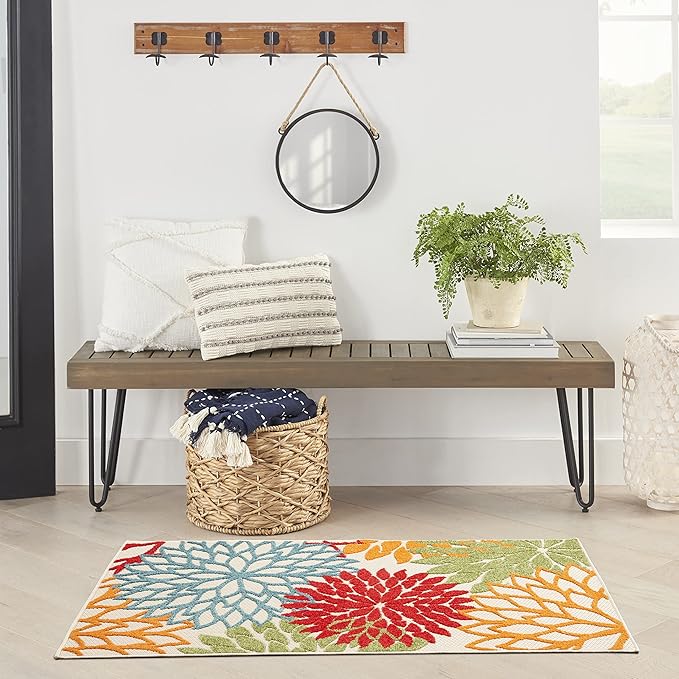 Nourison Home Aloha Indoor/Outdoor Green 3' x 5' Area Rug, Tropical, Botanical, Easy Cleaning, Non Shedding, Bed Room, Living Room, Dining Room, Deck, Backyard, Patio (3x5)