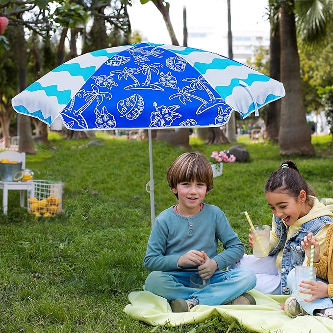 AMMSUN 5ft Seaside Umbrella for Sand and Water Table - Kids Durable Umbrellas for children Beach Camping Garden Outdoor Play Shade Blue Coconut Tree