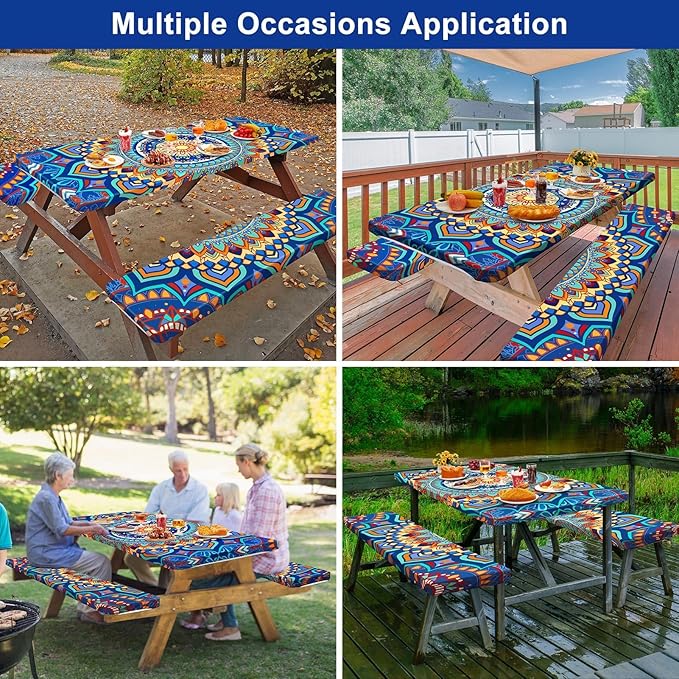 Picnic Table Cover with Bench Covers Camping Essentials Waterproof Windproof Camping Tablecloth with Drawstring Bag, Fitted Rectangle Tables and Seats, 96in, Yellow Blue Orange