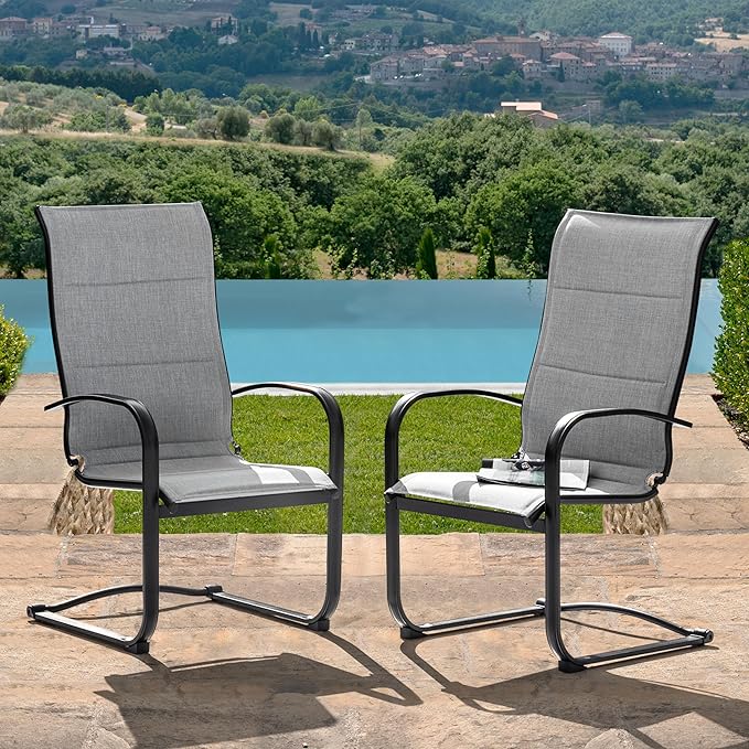 NUU GARDEN Patio Dining Chairs Set of 2, All Weather Outdoor Padded Textilene Patio Chairs, Breathable Spring Motion Textile High Back Outdoor Dining Chairs for Backyard, Lawn, Deck, Gray