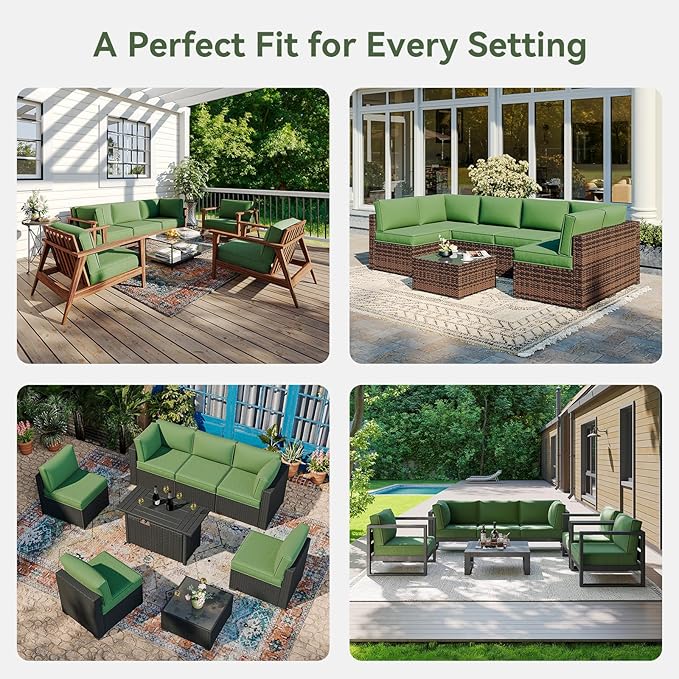 Aoxun Outdoor Replacement Cushions for Patio Furniture, Waterproof Sofa Cushion for 6-Seat Rattan Wicker Sectional Patio Conversation Sets, 14-Piece Cushions Set for L-Shape Couch, Green | Breathable Fabirc, Non-slip Bottom, Removable Cover, Bullhorn B...