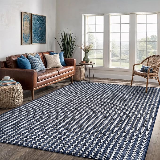 Washable Outdoor Rug 8x10 Modern Area Rugs Outdoor Carpets Striped Pattern Non Shedding Waterproof Easy Clean Patio Deck Porch Living Room Bedroom Garden RV (8 X 10 Navy)
