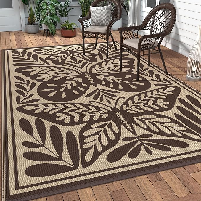 GENIMO Outdoor Rug 6' x 9' Waterproof for Patio Clearance, Reversible Plastic Straw Camping Mat, Lightweight Carpet for Rv, Camper, Deck, Porch, Picnic, Balcony, Beach, H.Coffee & Beige
