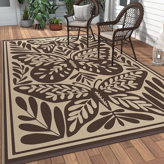 GENIMO Outdoor Rug 6' x 9' Waterproof for Patio Clearance, Reversible Plastic Straw Camping Mat, Lightweight Carpet for Rv, Camper, Deck, Porch, Picnic, Balcony, Beach, H.Coffee & Beige