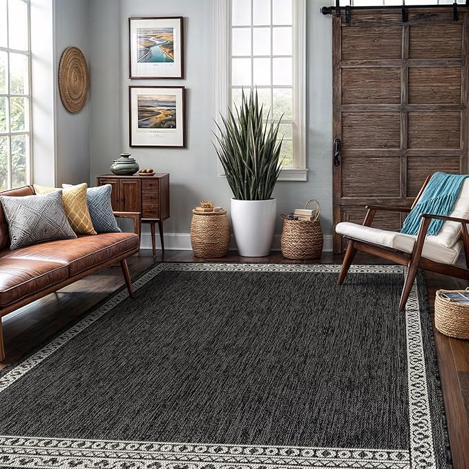 Washable Outdoor Rug 10x14 Modern Area Rugs Outdoor Carpets Bordered Pattern Non Shedding Waterproof Easy Clean Patio Deck Porch Living Room Bedroom Garden RV (10 X 14 Dark Gray)