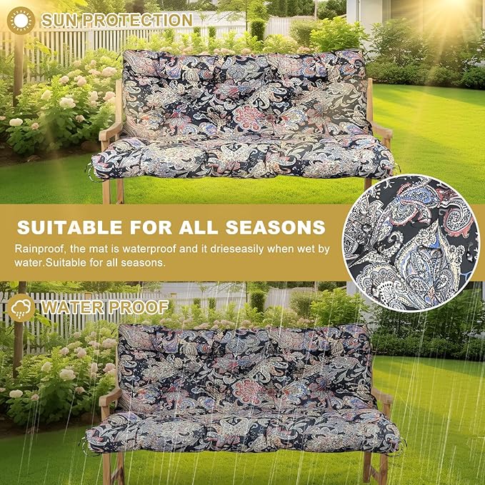 60" Porch Swing Cushion with Backrest, Waterproof Outdoor Bench Swing Cushions 3 Seater Replacement Thickened Swing Cushions with Ties for Patio Garden Backyard,Vintage Paisley,60x40in