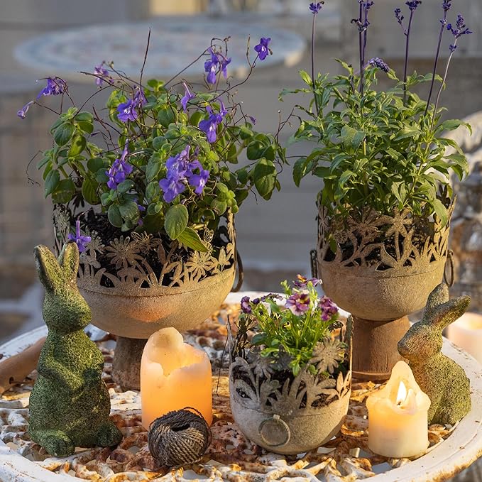 3 Piece Vintage Metal Pots Set,Rustic Distressed Garden Planter Plant Buckets with Handles Farmhouse Floral Containers for Indoor Outdoor Home Gardening Tabletop Centerpieces Wedding Decor Green