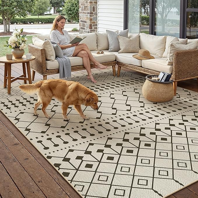 HUGEAR 8x10 Outdoor Rug Black/Beige Linen-Look Fabric Boho Area Rug High Traffic Stain Resistant Easy Clean Durable Rugs for Indoor/Outdoor Patio Deck Balcony Porch Garden Courtyard