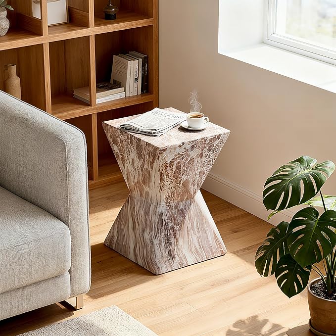 12.4" Cement End Tables for Patio,Faux Terrazzo Modern Small Squre Side Accent Table,Tree Stump Garden Stool Drum Indoor and Outdoor,Marble