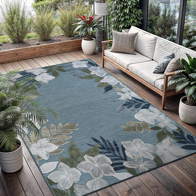 Outdoor Rug 6x9 Washable Area Rugs Indoor Outdoor Carpets Aqua Border Floral Non Shedding Waterproof Easy Clean Patio Deck Porch Living Room Bedroom Garden RV (6 X 9 Aqua)