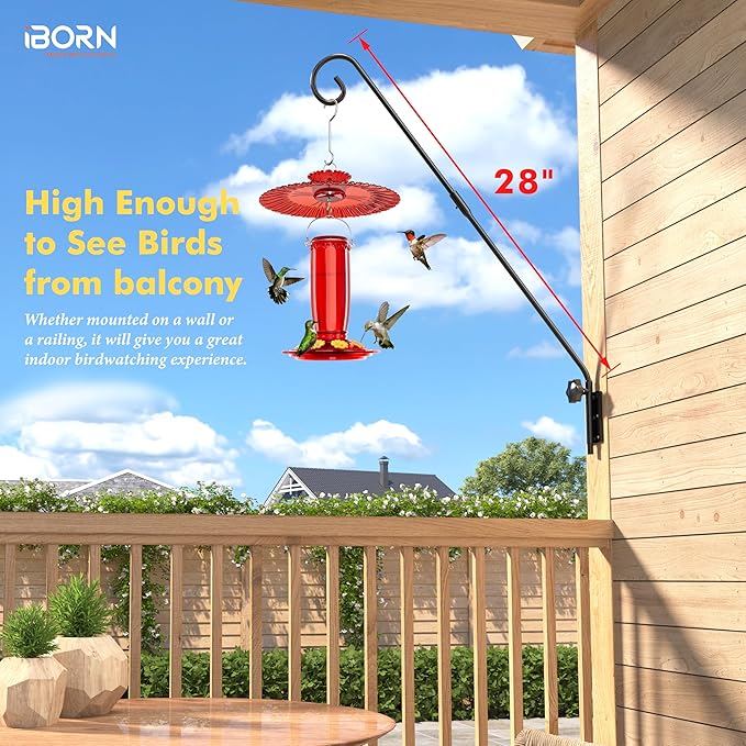 iBorn Wall Mount Deck Hook, 28" Hummingbird Feeder Hanger, Heavy Duty Bird Feeder Pole for Hanging Bird Feeder, Planter, Suet Baskets, Wind Chimes, 180° Rotatable Arm, Solid Wire, Pack of 1