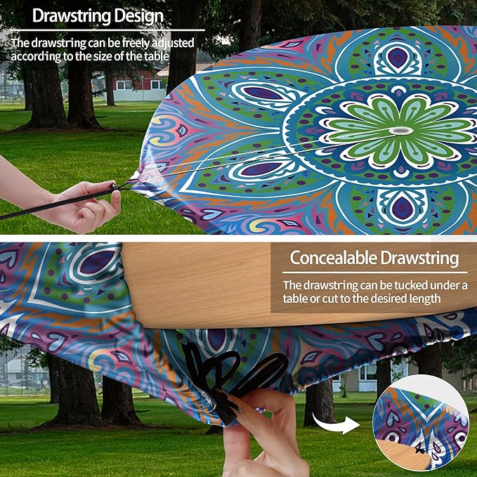 Round Fitted Outdoor Tablecloth with Umbrella Hole and Zipper Vinyl Waterproof Patio Picnic Camping Essential for 45-54" Table Summer Garden Rv Organizer Gift for Camper Husband Wife