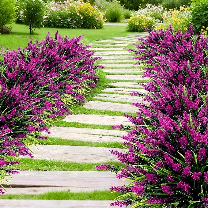 Geegoods Artificial Plants Flowers Outdoor – 24 Bundles UV Resistant Faux Lavender Flowers with Monkey Grass for Garden Porch Window Patio Hanging Planter Decor