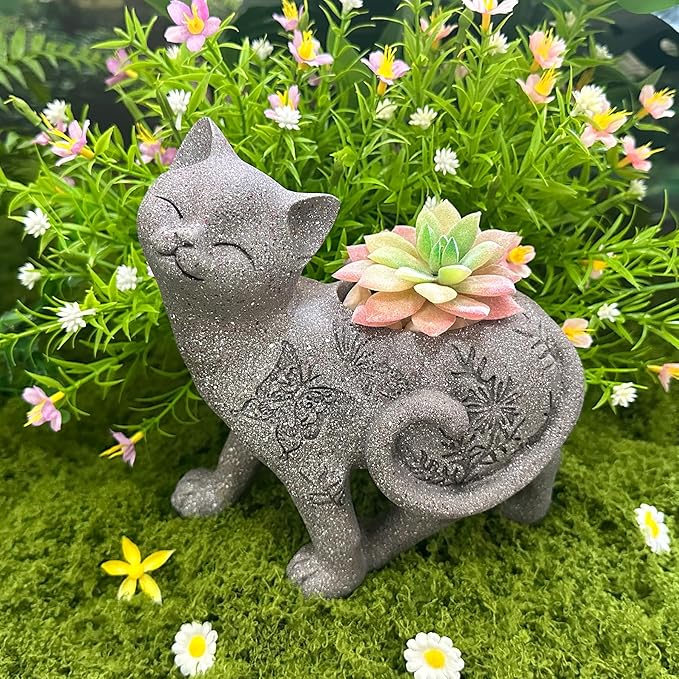 7.9" Cat Succulent Planter Holder Figurine, Flower Pot Statue, Decorative Modern Indoor & Outdoor Cat Planter Pot Sculpture, Garden Animal Flower Pot, Funny Planters for Indoor Plants