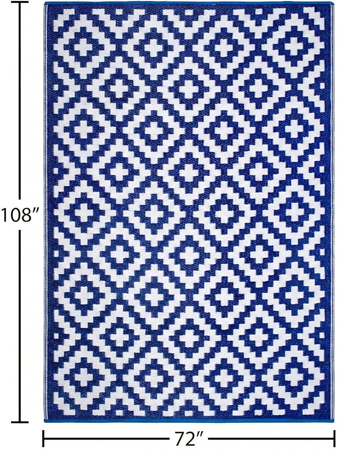 FH Home Outdoor Rug - Waterproof, Fade Resistant, Reversible - Premium Recycled Plastic - Geometric - Large Patio, Deck, Sunroom, Camping, RV - Aztec - Blue & White Crease Free - 6 x 9 ft