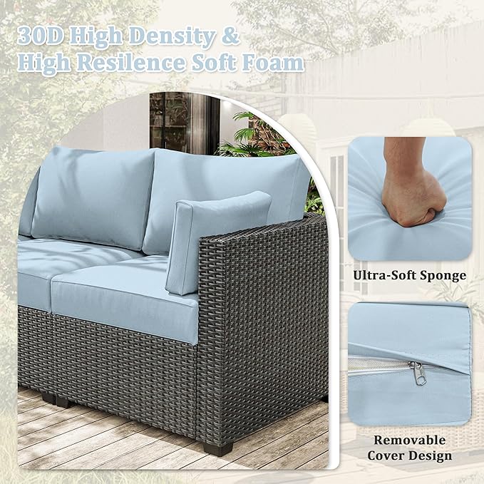 8-Piece Outdoor Cushions for Patio Furniture Thick Outdoor Chair Cushions Resilient Foam Waterproof Deep Seat Cushion Replacement for 3-Seat Sectional Sets Liner&Cover Light Blue