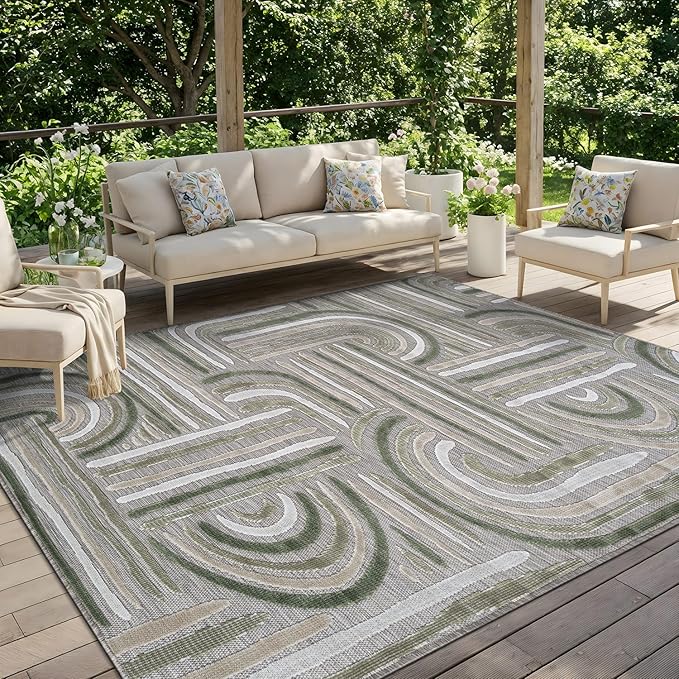 CAMILSON Indoor Outdoor Rug, Beige 9x12 Geometric Arch Striped Large Area Rugs for Patio and Home Areas, Easy-Cleaning Non-Shedding Living Room, Garden and Deck Washable Outside Carpet (9 x 12)