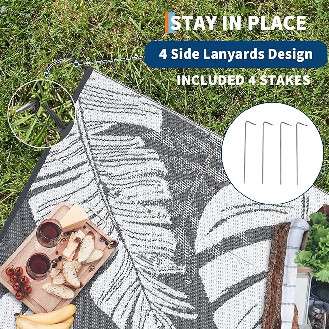 Waterproof Plastic Straw Outdoor Rug 9x18 Patio Reversible UV Resistant Foldable Camping Carpet Modern Leaf Print Large Outdoor Rugs for Deck, Porch, Camper, Balcony, Beach，Grey/White