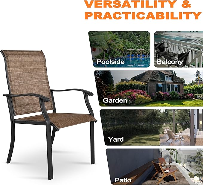NUU GARDEN Patio Dining Chairs Set of 2, Outdoor Chairs with Armrest, Indoor/Outdoor Chairs Backyard Deck Garden Chair, Restaurant Kitchen Dining Textilene Chair,Brown