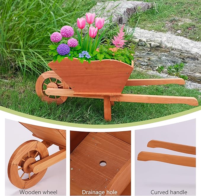 Beipoo Decorative Wooden Wagon Planter Box, Wood Wheelbarrow Planter with Handles, Drainage Hole, Wagon Garden Planter, Flower Cart for Indoor Outdoor Decor