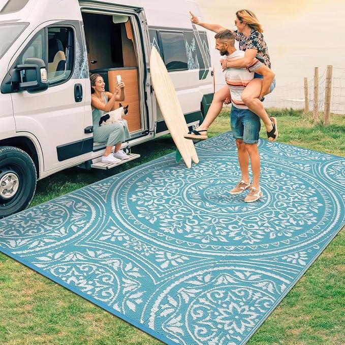 Outdoor Rug 8x10 Waterproof Patio Rugs Boho Floral Reversible Mat for Front Door Rv Foldable Plastic Straw Carpet for Travel Trailers, Deck, Picnic, Porch, Camper, Balcony, Beach，Light Blue