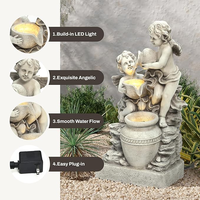 LuxenHome 30 Inch Outdoor Water Fountain, Resin Angels Water Fountains Indoor and Outdoor with LED Light, 3 Layers Angels and Urn Garden Water Fountain, Decorative Waterfall for Backyard